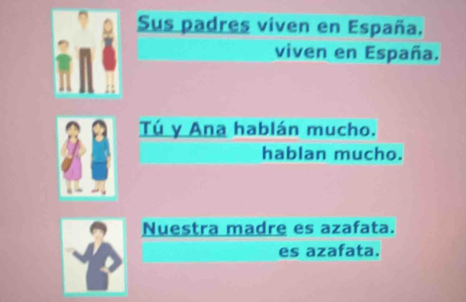 sus padres viven en españa. viven en españa. tú y ana hablán mucho. hab…
