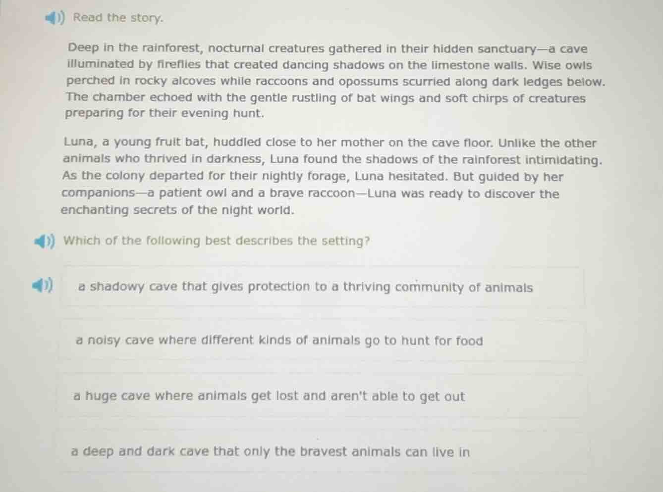 read the story. deep in the rainforest, nocturnal creatures gathered in…