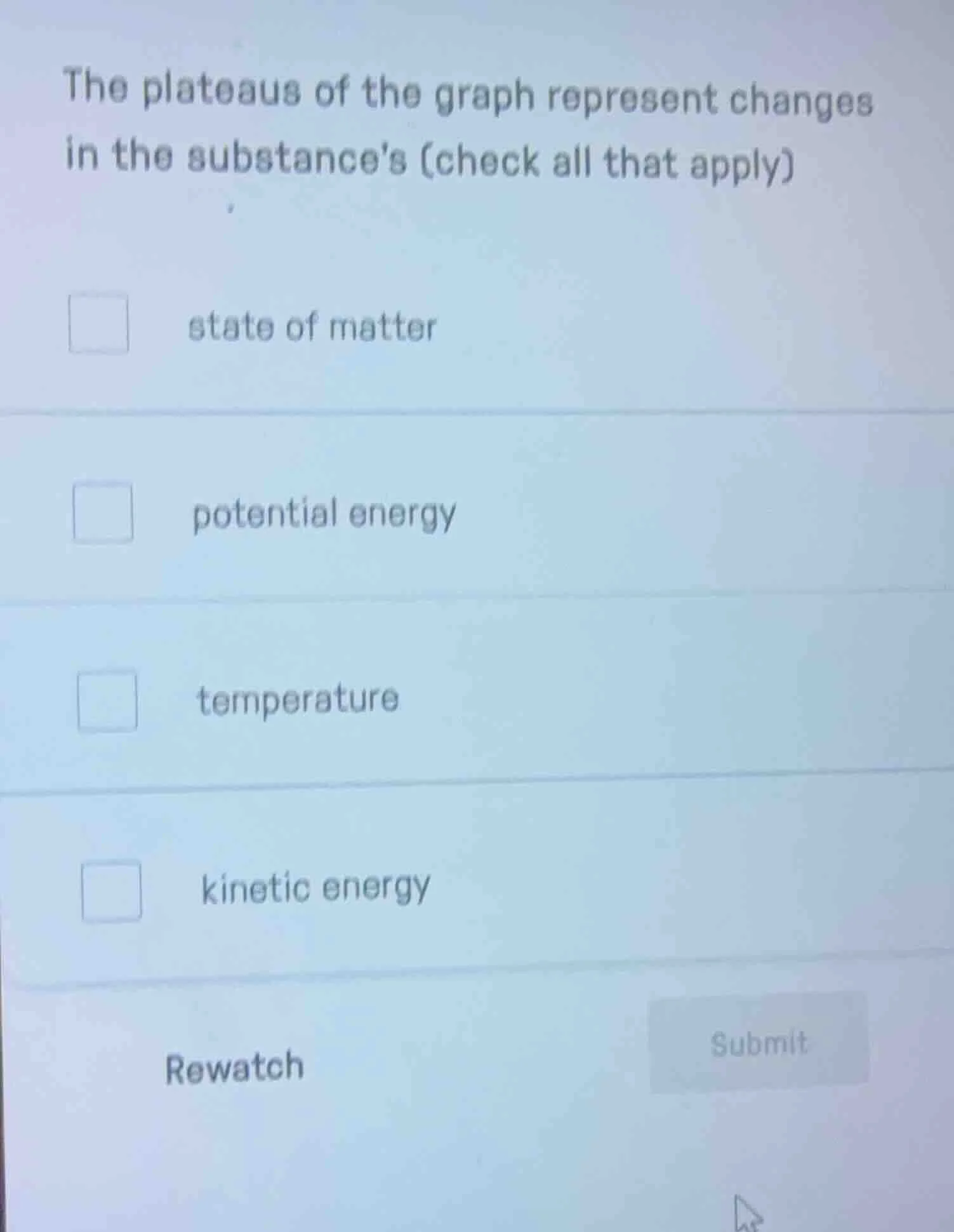 the plateaus of the graph represent changes in the substances (check al…