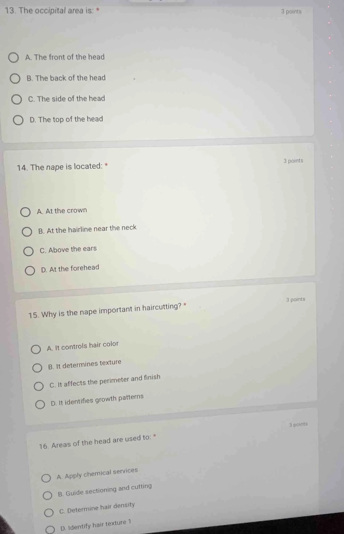 13. the occipital area is: *3 pointsa. the front of the headb. the back…