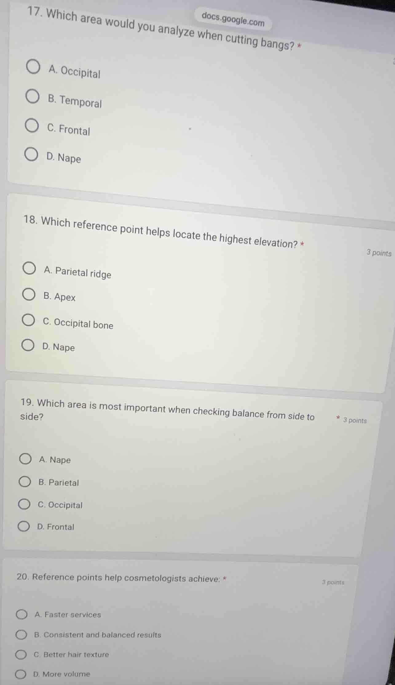 17. which area would you analyze when cutting bangs? *a. occipitalb. te…