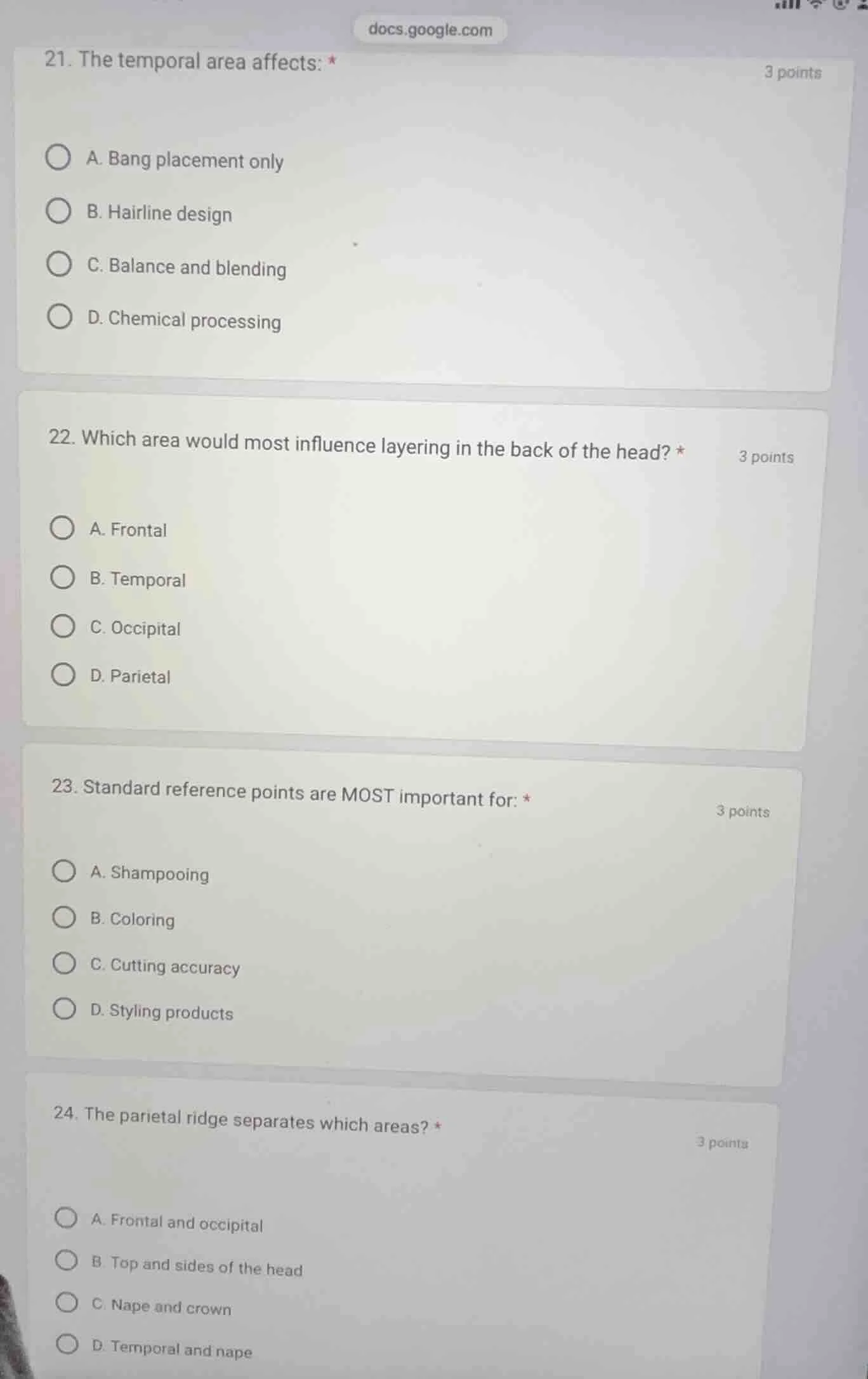 21. the temporal area affects: * 3 points a. bang placement only b. hai…