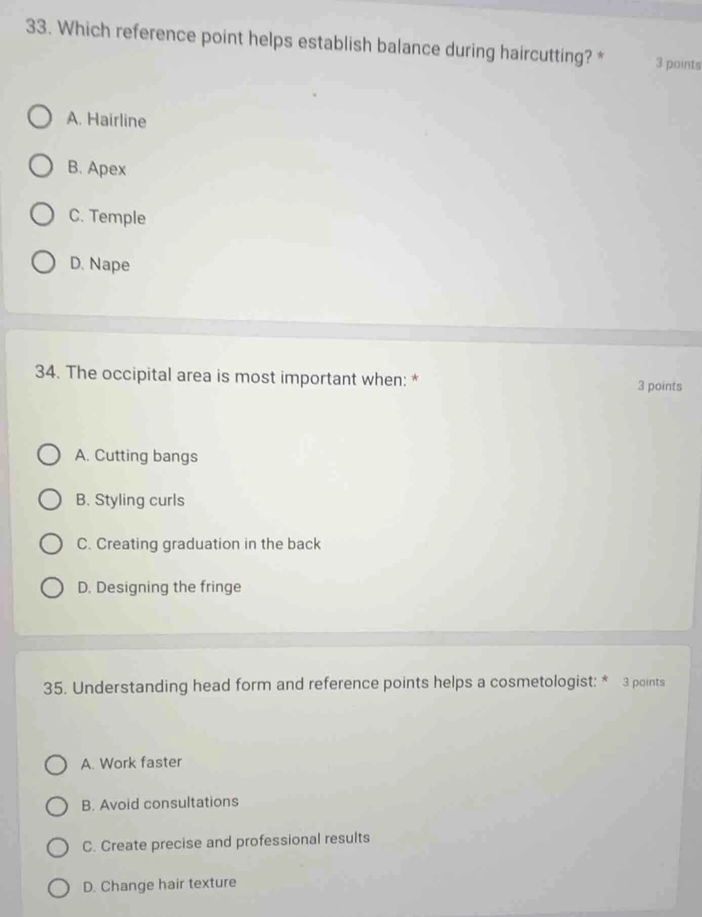 33. which reference point helps establish balance during haircutting? *…