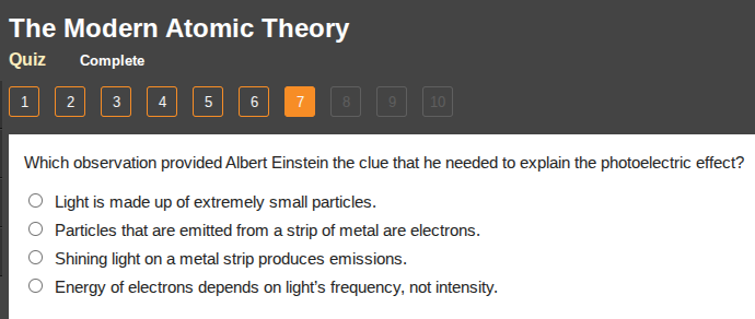 the modern atomic theory quiz complete 1 2 3 4 5 6 7 8 9 10 which obser…