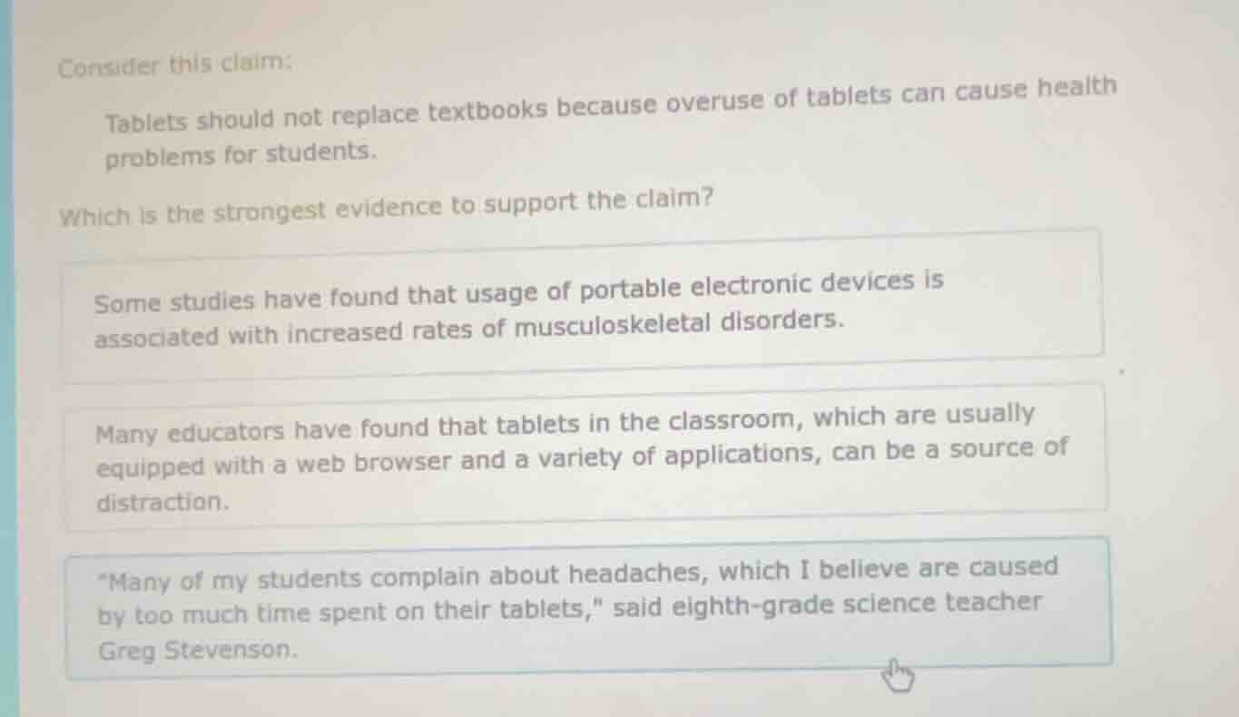 consider this claim: tablets should not replace textbooks because overu…