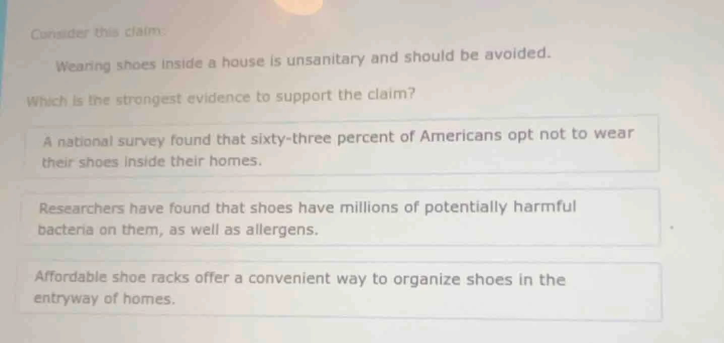 consider this claim: wearing shoes inside a house is unsanitary and sho…