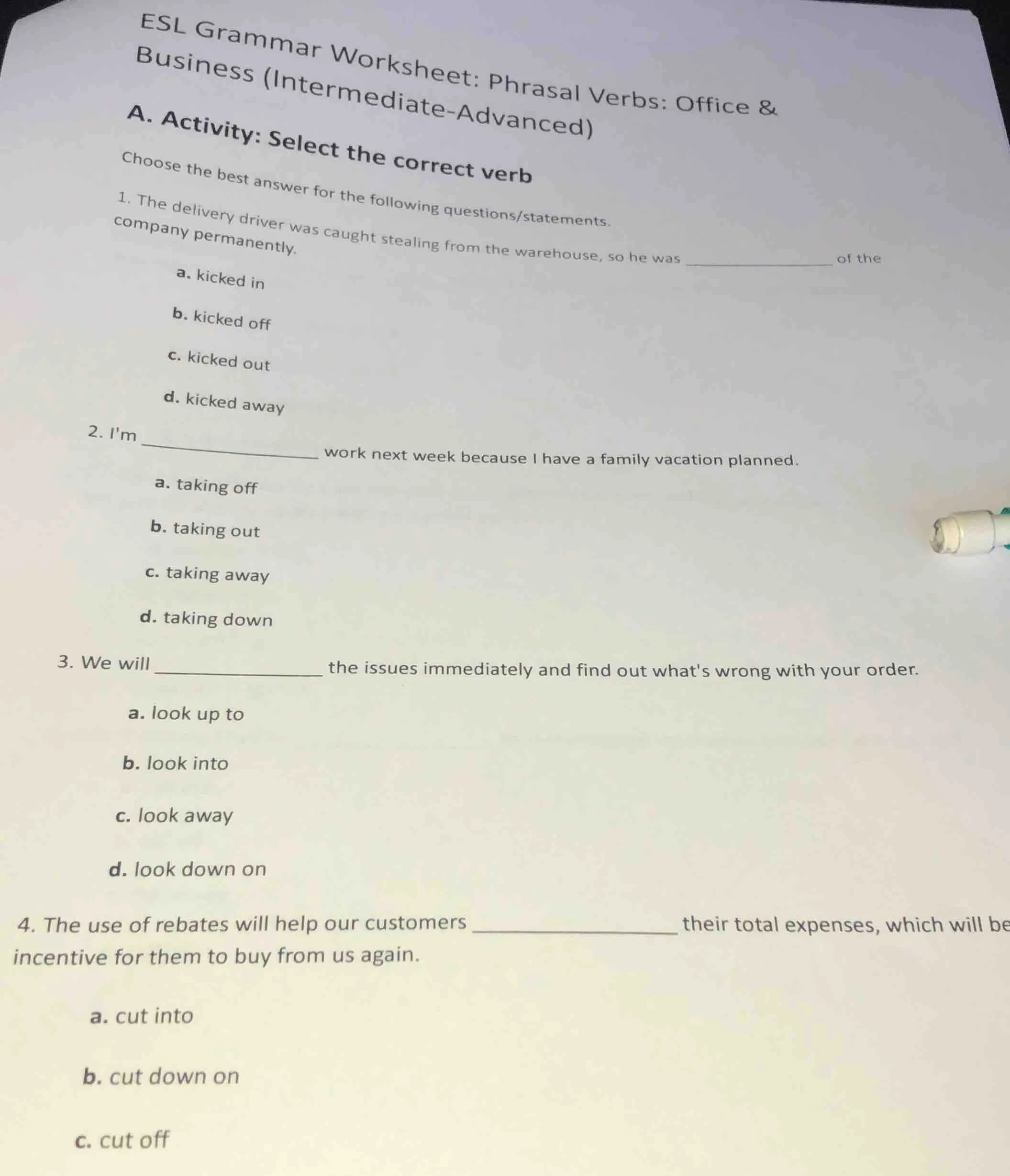 esl grammar worksheet: phrasal verbs: office & business (intermediate-a…