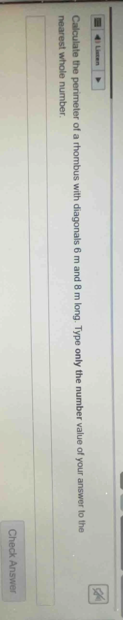 calculate the perimeter of a rhombus with diagonals 6 m and 8 m long. t…