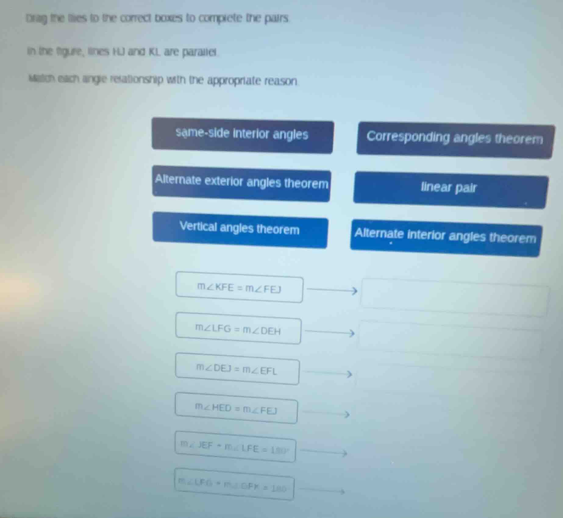 drag the tiles to the correct boxes to complete the pairs. in the figur…