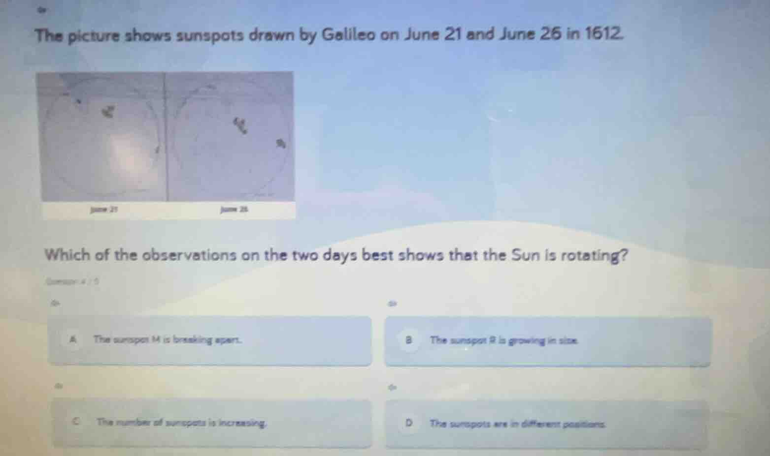 the picture shows sunspots drawn by galileo on june 21 and june 26 in 1…