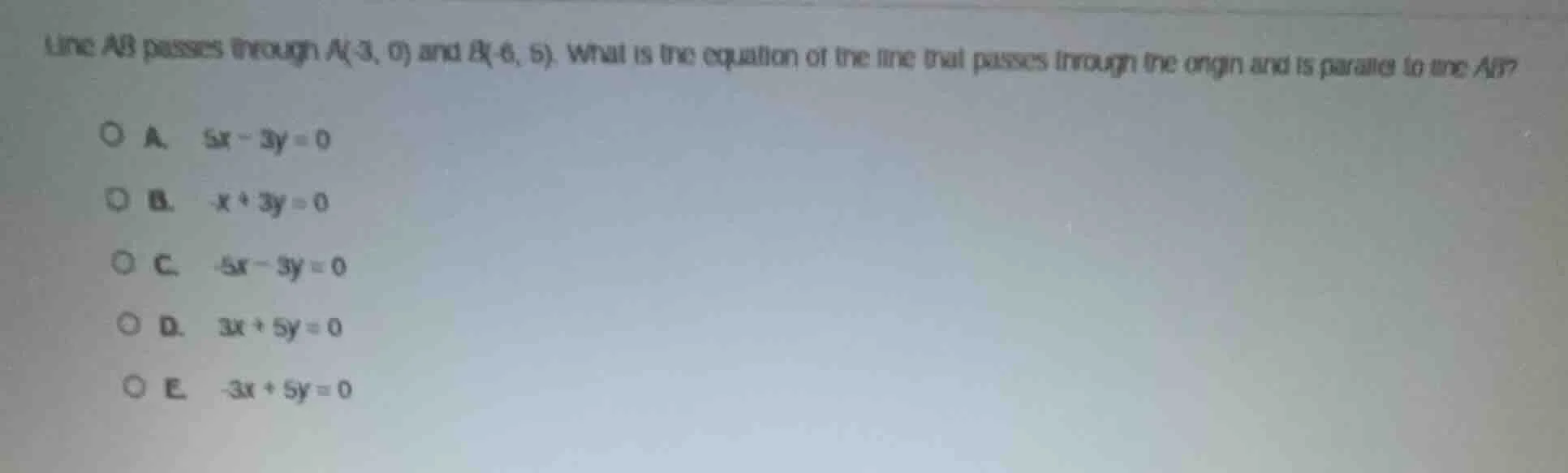 line ab passes through a(-3, 0) and b(-6, 5). what is the equation of t…