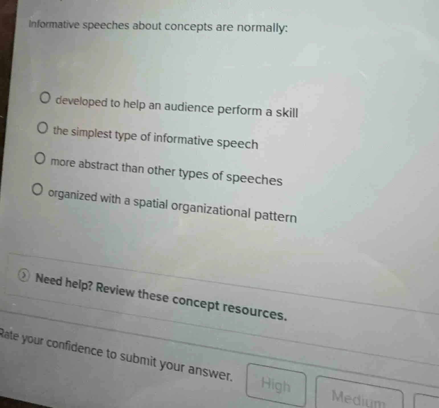 informative speeches about concepts are normally: ○ developed to help a…