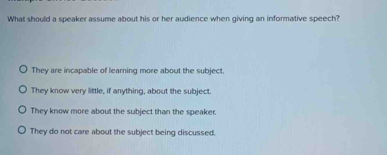 what should a speaker assume about his or her audience when giving an i…