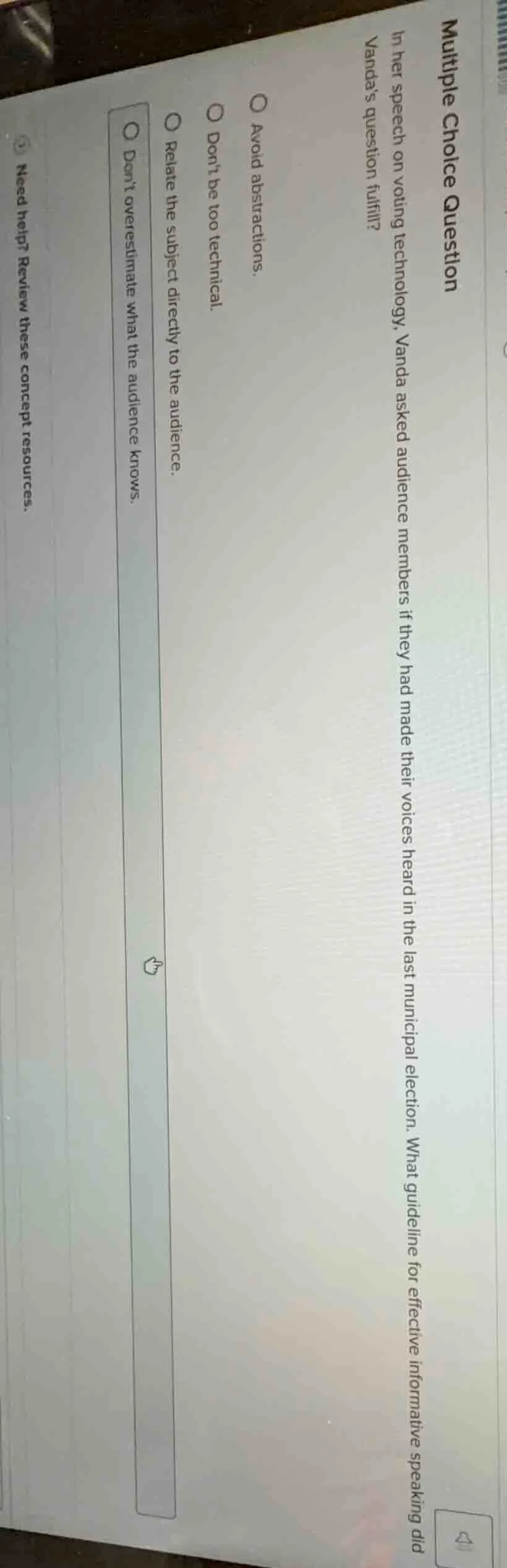 multiple choice question in her speech on voting technology, vanda aske…