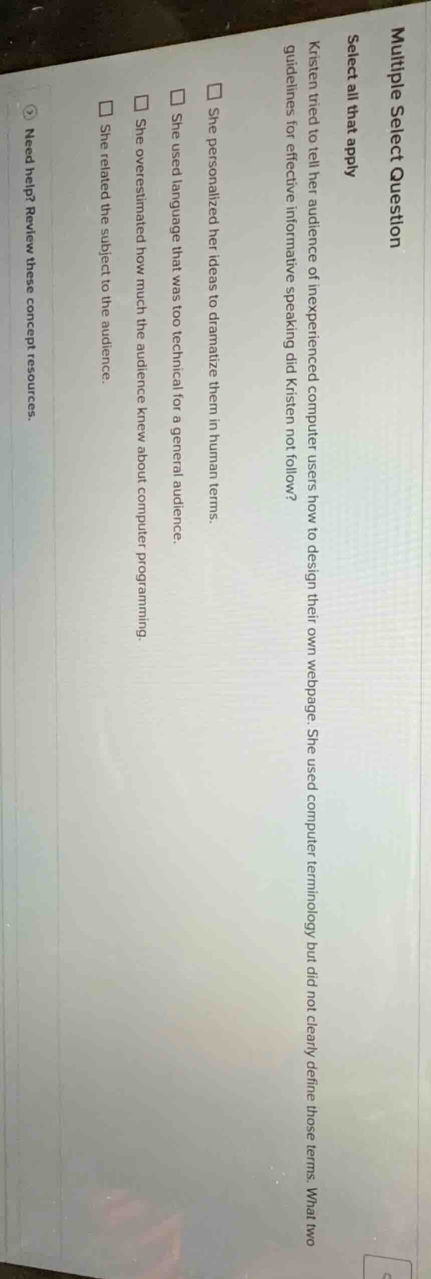 multiple select question select all that apply kristen tried to tell he…