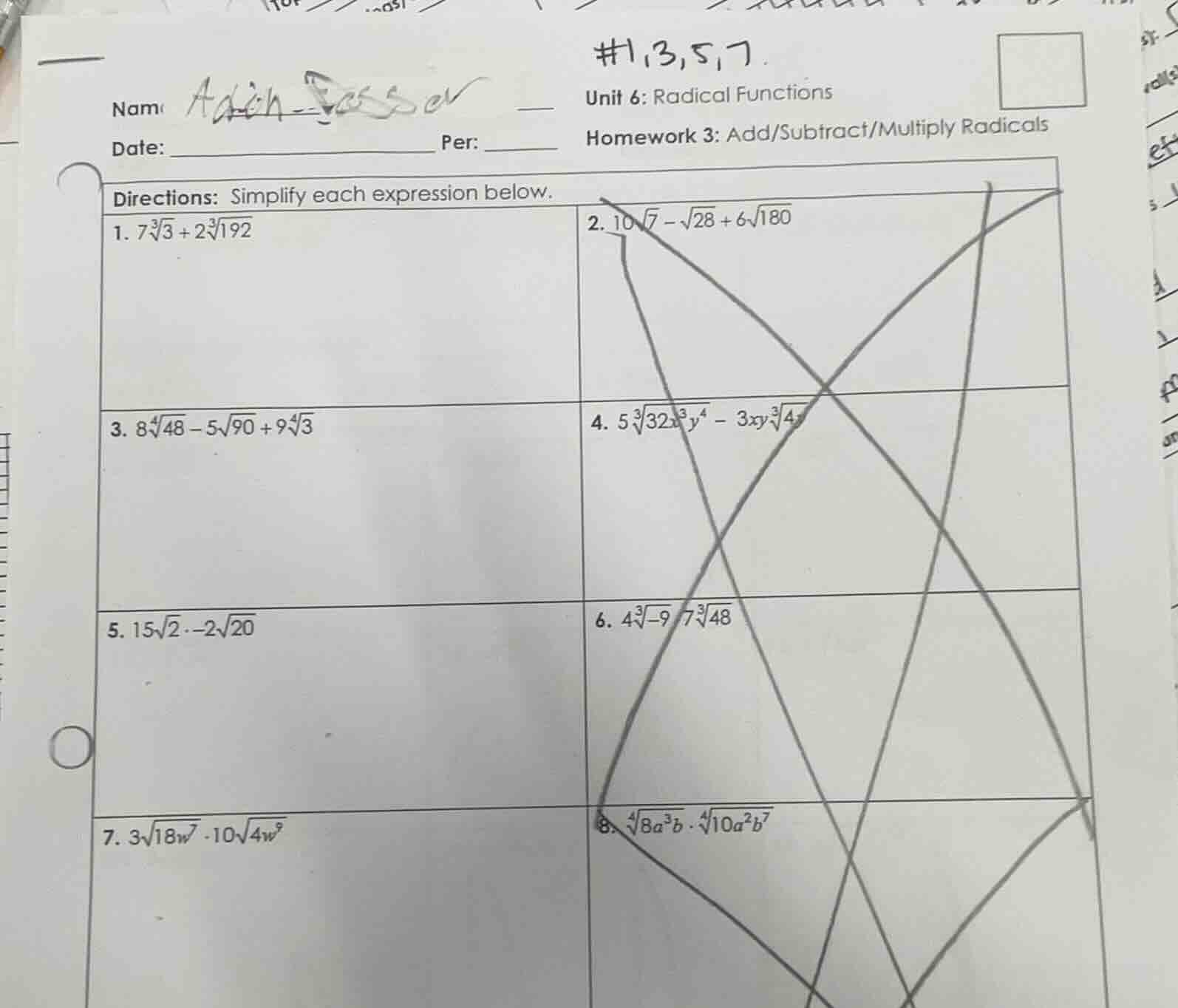 #1,3,5,7 name unit 6: radical functions date: ____________ per: _______…