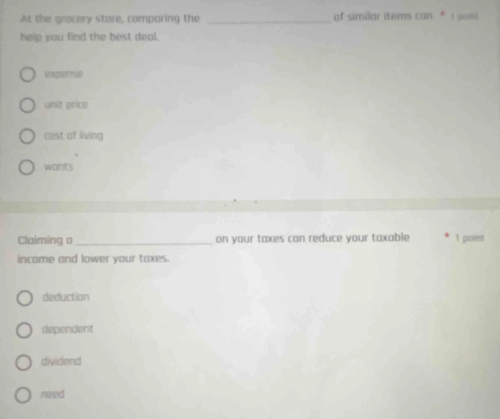 1 point at the grocery store, comparing the _______________ of similar …