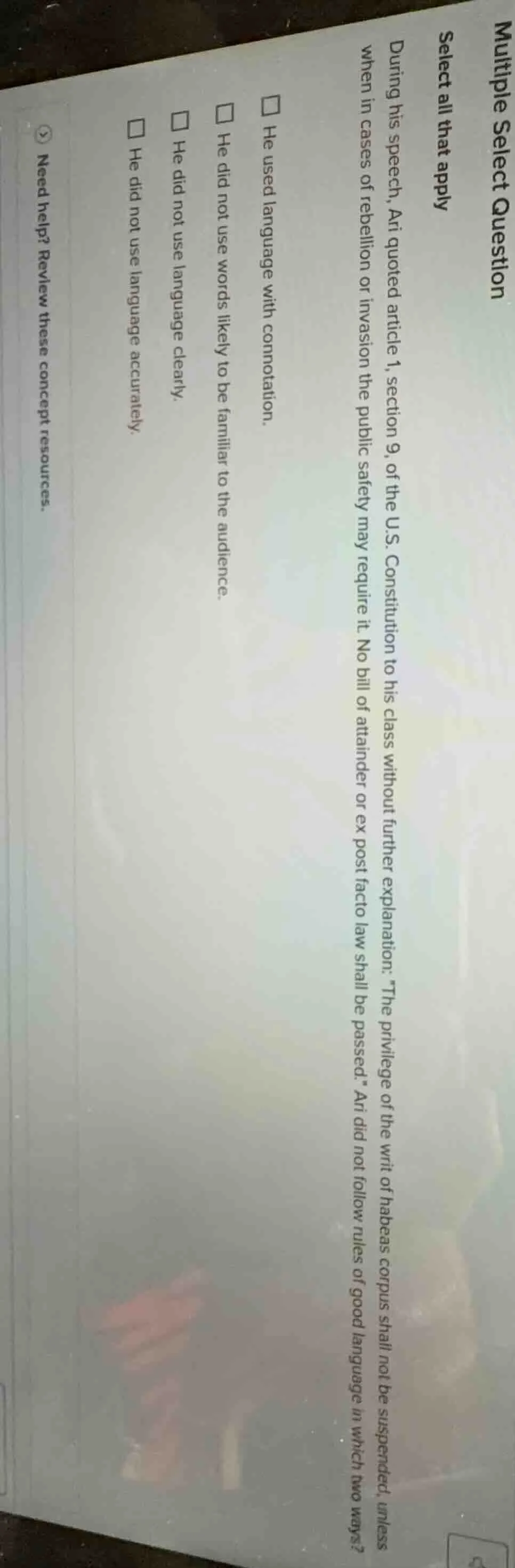 multiple select question select all that apply during his speech, ari q…