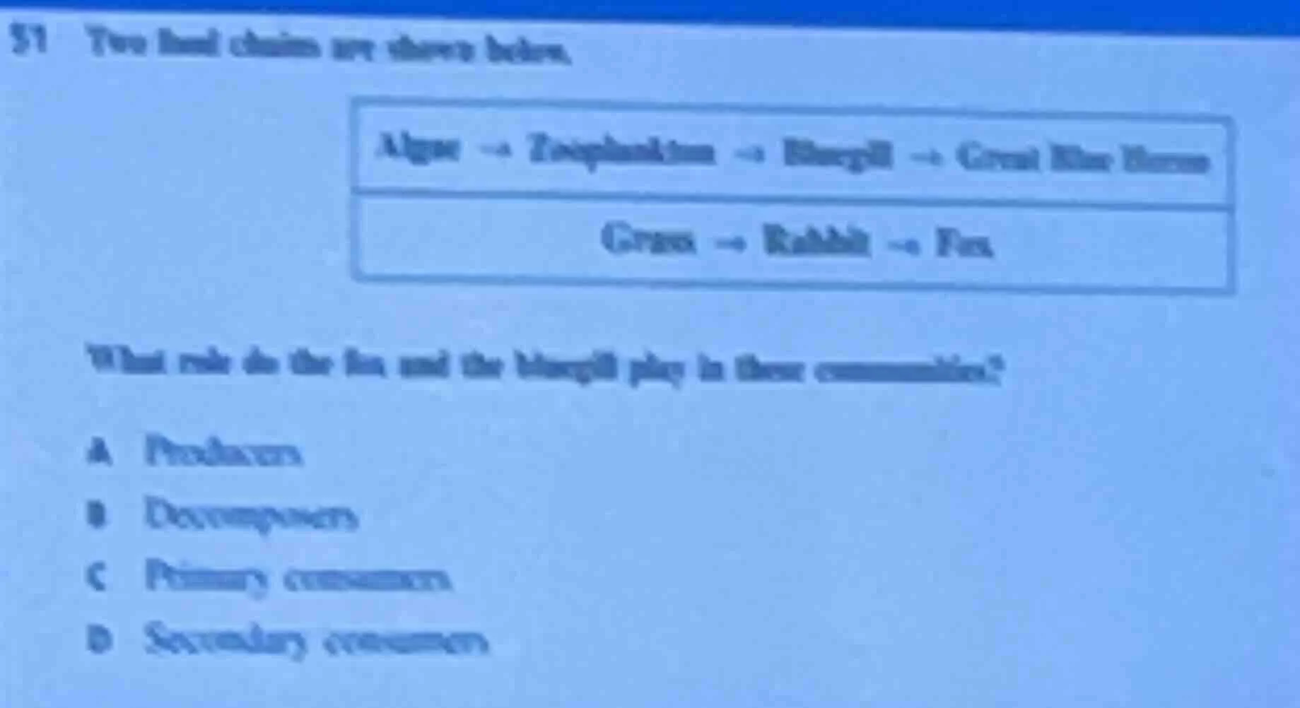 51 two food chains are shown below. algae → zooplankton → bluegill → gr…