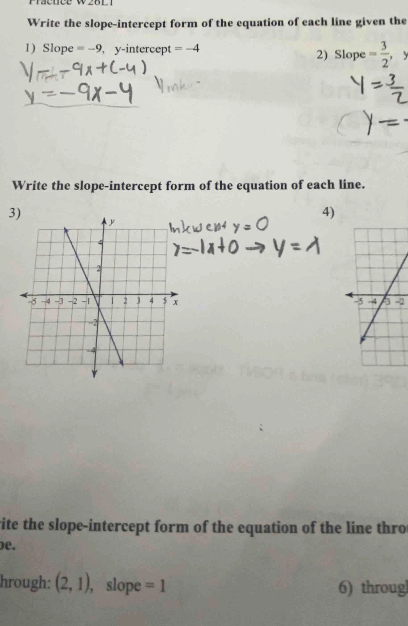 practice w26l1 write the slope-intercept form of the equation of each l…