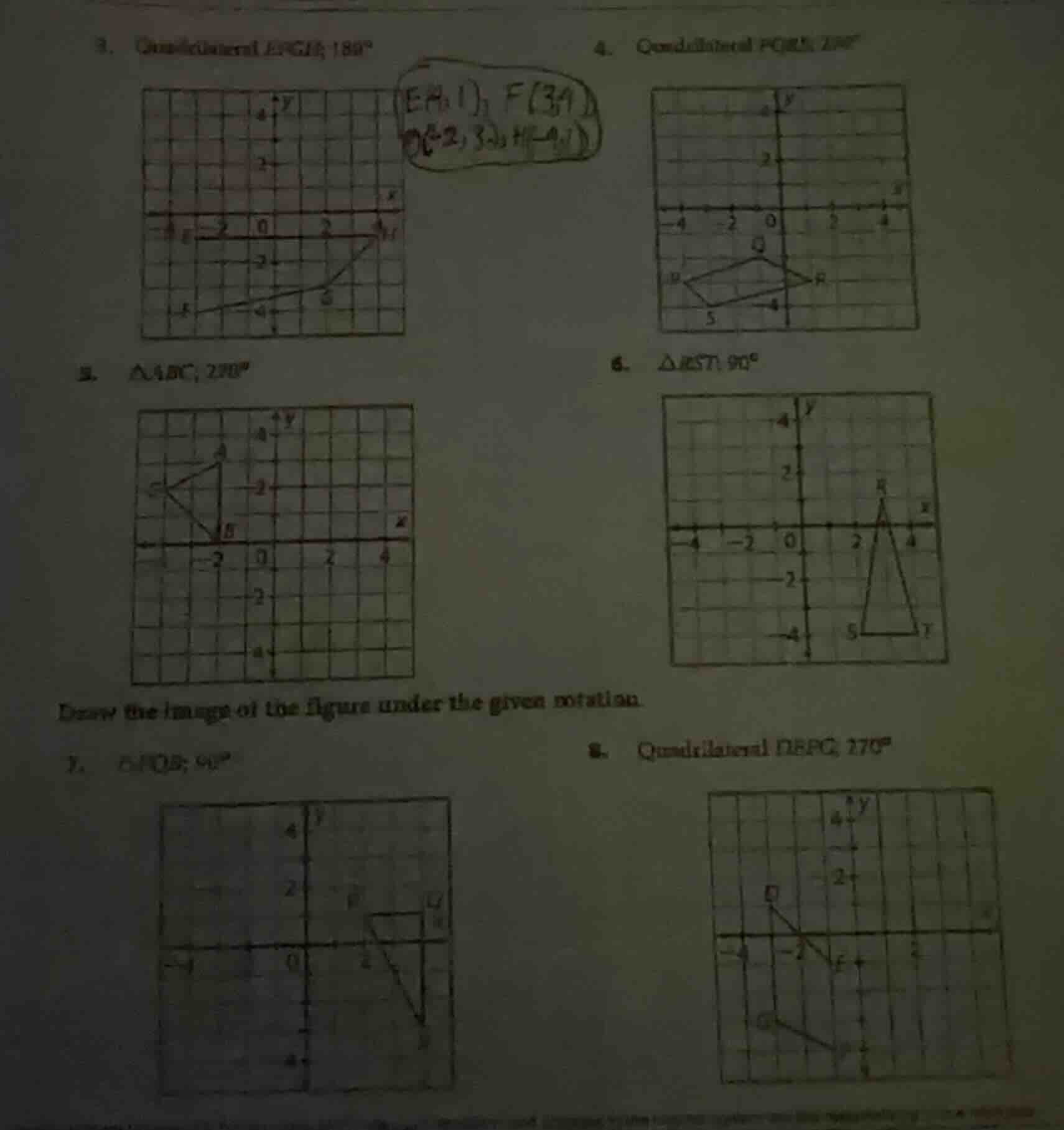 3. quadrilateral efgh; 180° e(4,1), f(3,-1), g(-2,3), h(-4,1) 4. quadri…