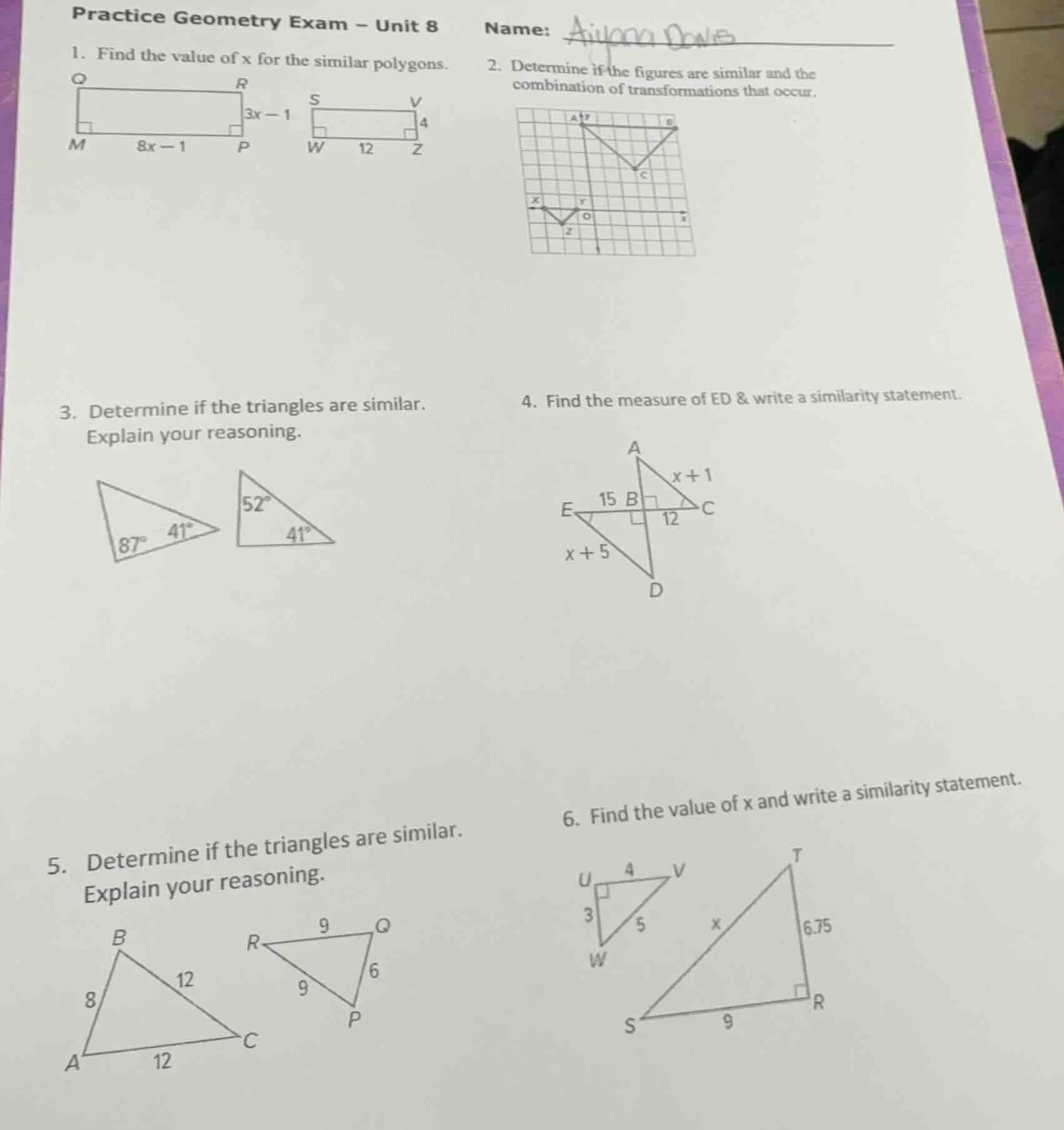 practice geometry exam - unit 8name:1. find the value of x for the simi…