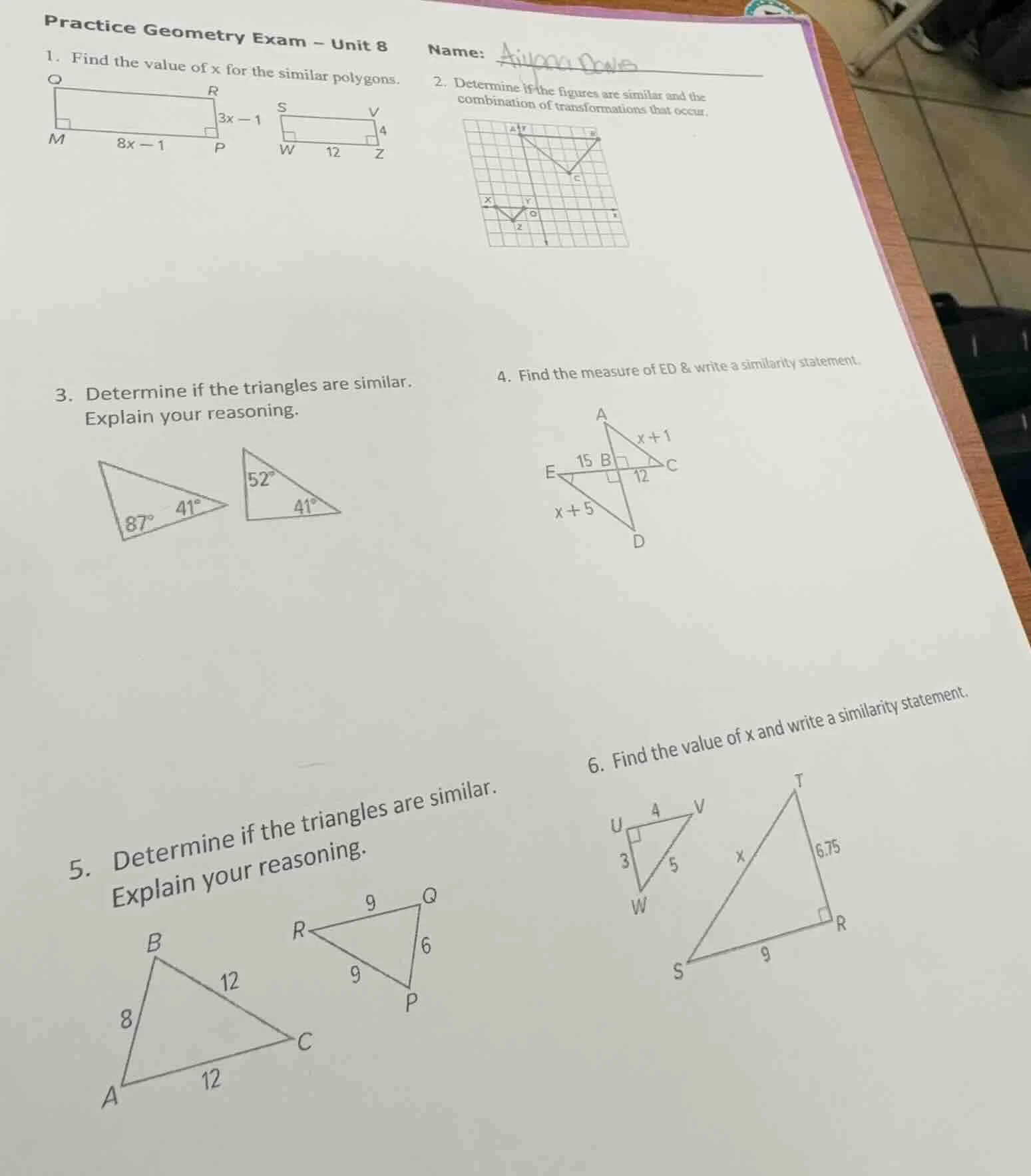 practice geometry exam - unit 8name:1. find the value of x for the simi…