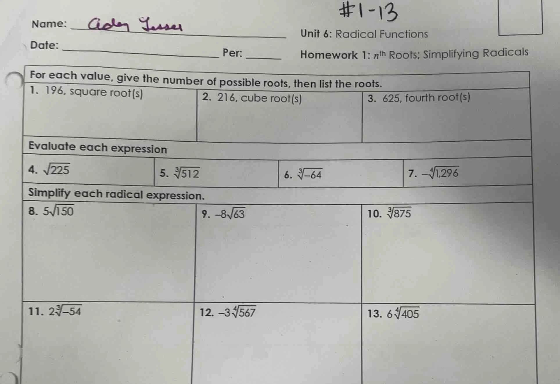 #1-13 name: unit 6: radical functions date: per: homework 1: $n^{th}$ r…