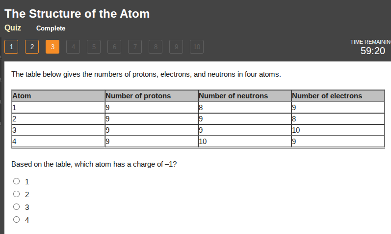 the structure of the atom quiz complete time remainin 59:20 1 2 3 4 5 6…
