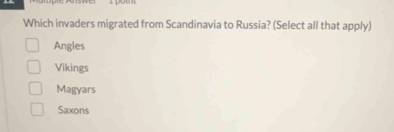 12 multiple answer 1 point which invaders migrated from scandinavia to …