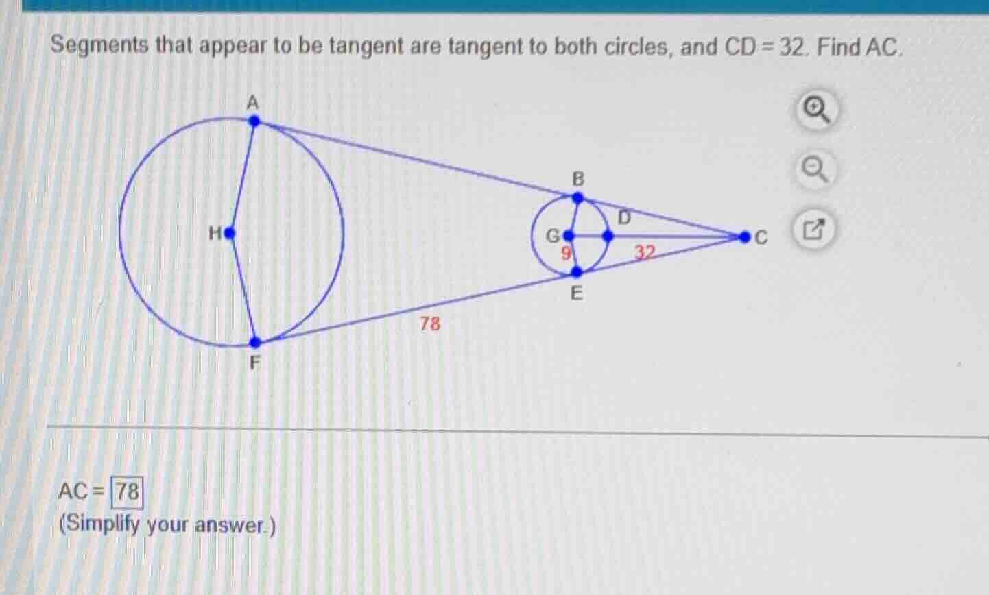 segments that appear to be tangent are tangent to both circles, and cd …