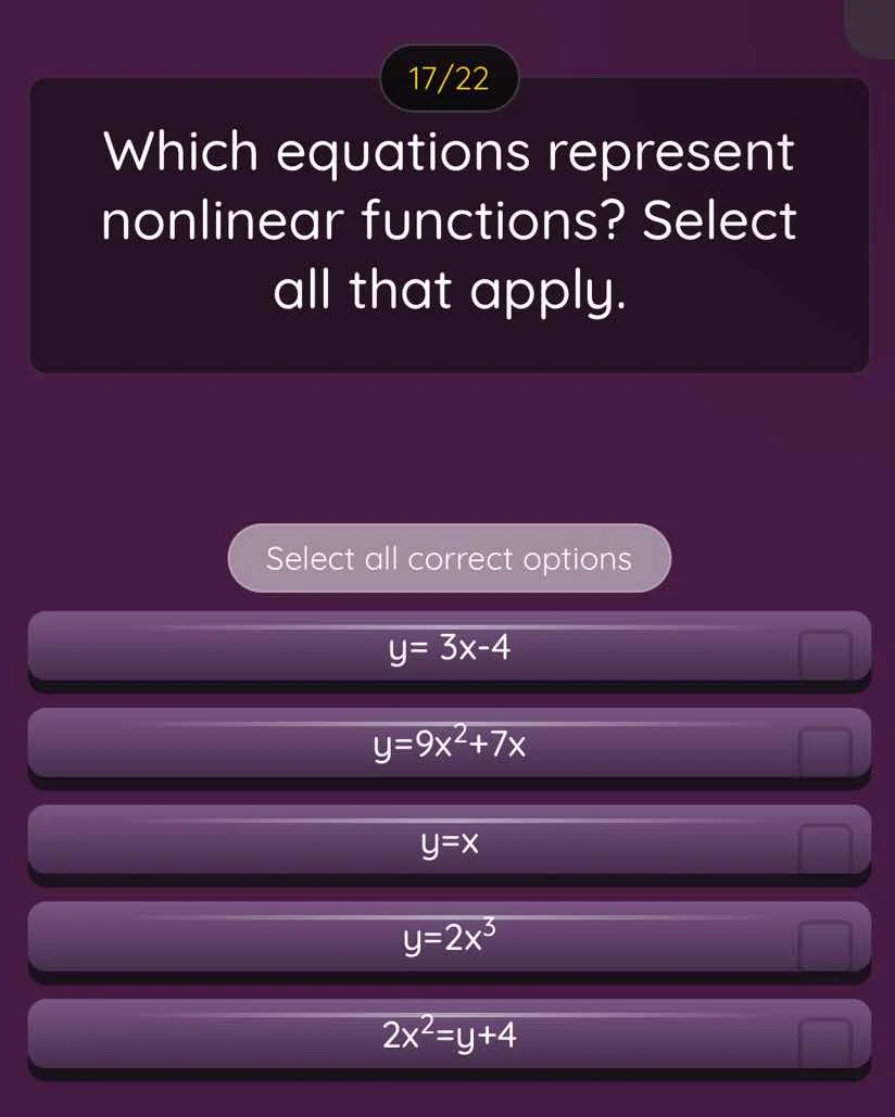17/22 which equations represent nonlinear functions? select all that ap…