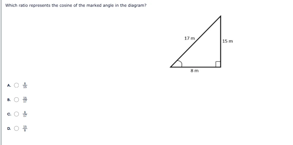 which ratio represents the cosine of the marked angle in the diagram? a…