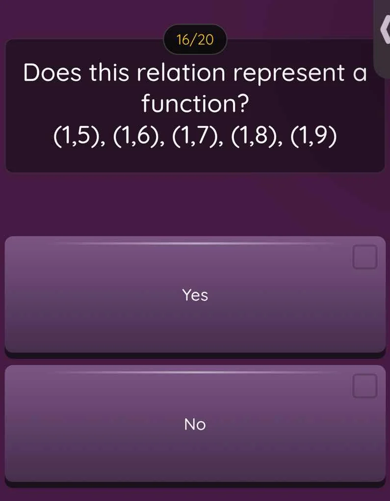 16/20 does this relation represent a function? (1,5), (1,6), (1,7), (1,…