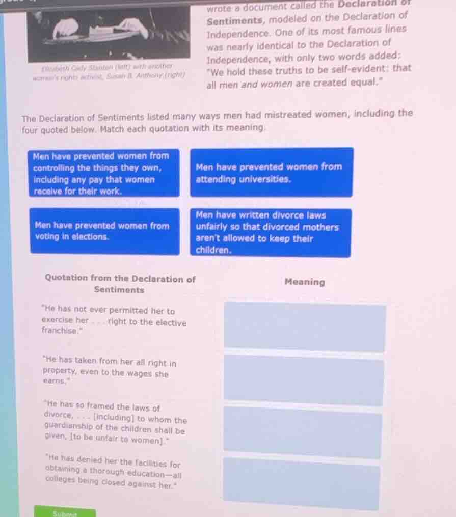 wrote a document called the declaration of sentiments, modeled on the d…