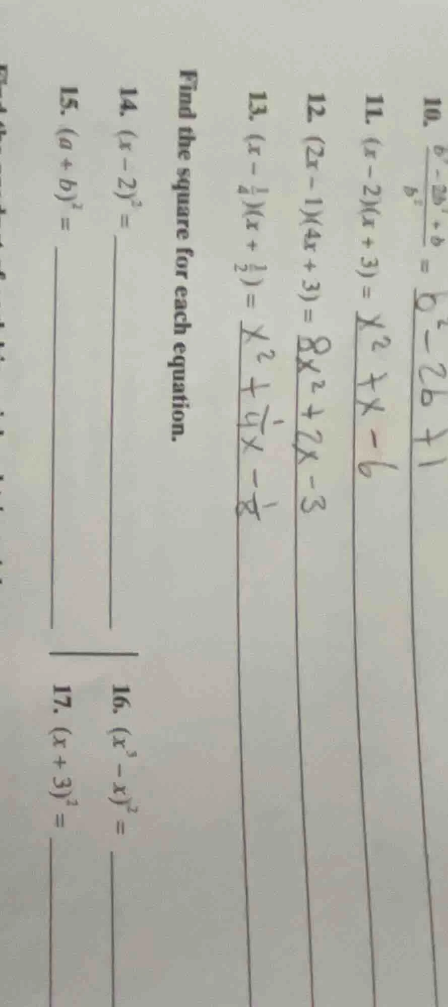 10. $\frac{b^2 - 2b + 1}{b^2} = \frac{b^2 - 2b + 1}{b^2}$ 11. $(x - 2)(…