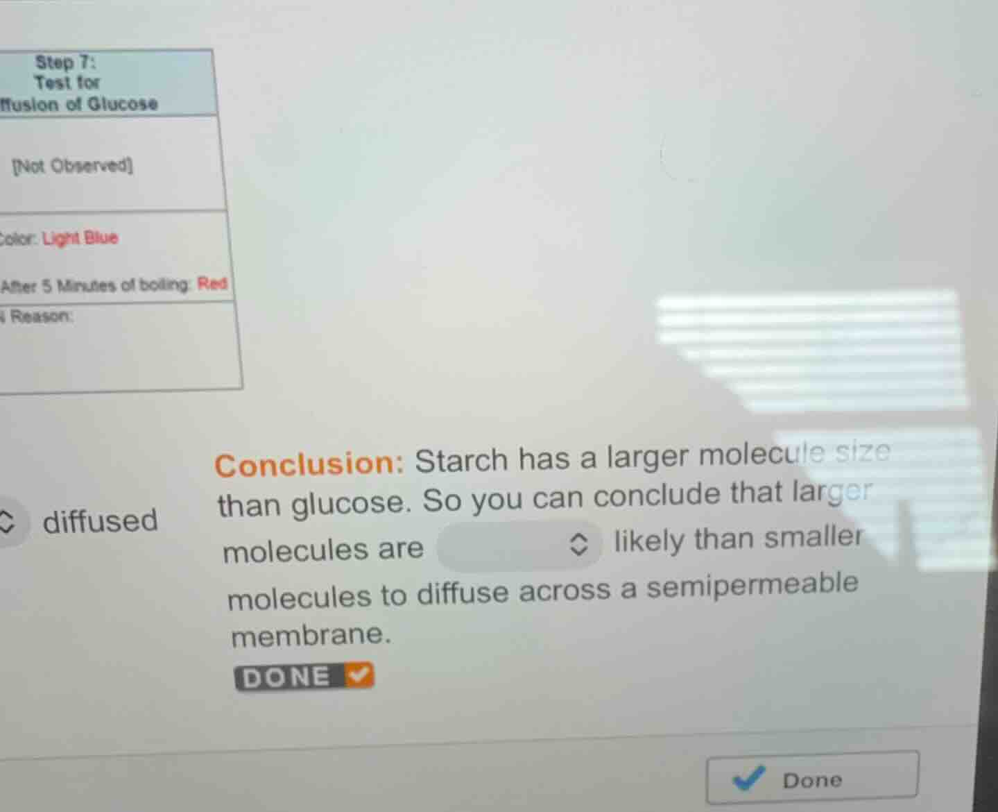 step 7:test forffusion of glucosenot observedcolor: light blueafter 5 m…