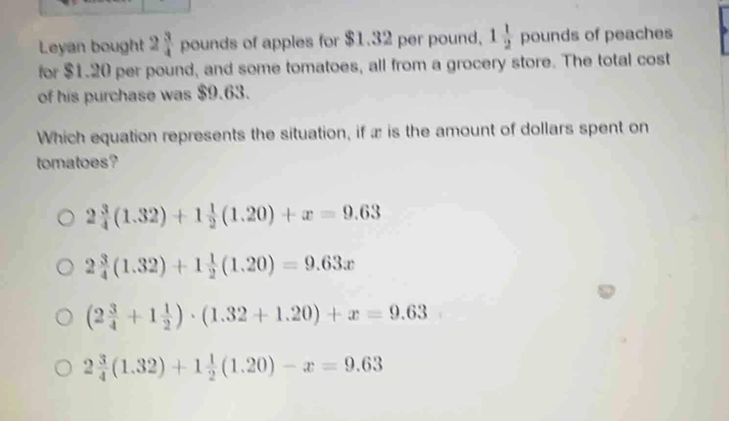 leyan bought $2\\frac{3}{4}$ pounds of apples for $1.32 per pound, $1\\…