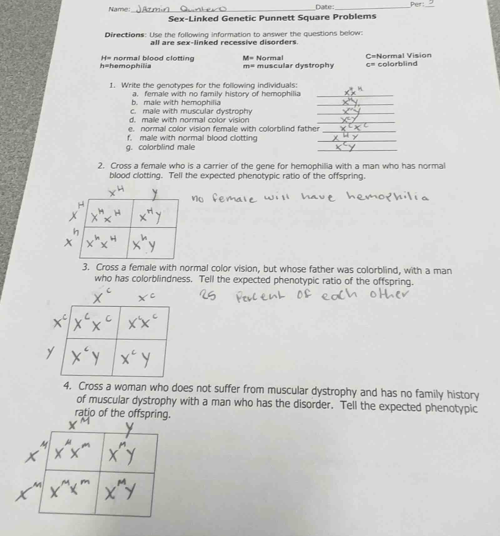 name:date:per:sex-linked genetic punnett square problemsdirections: use…