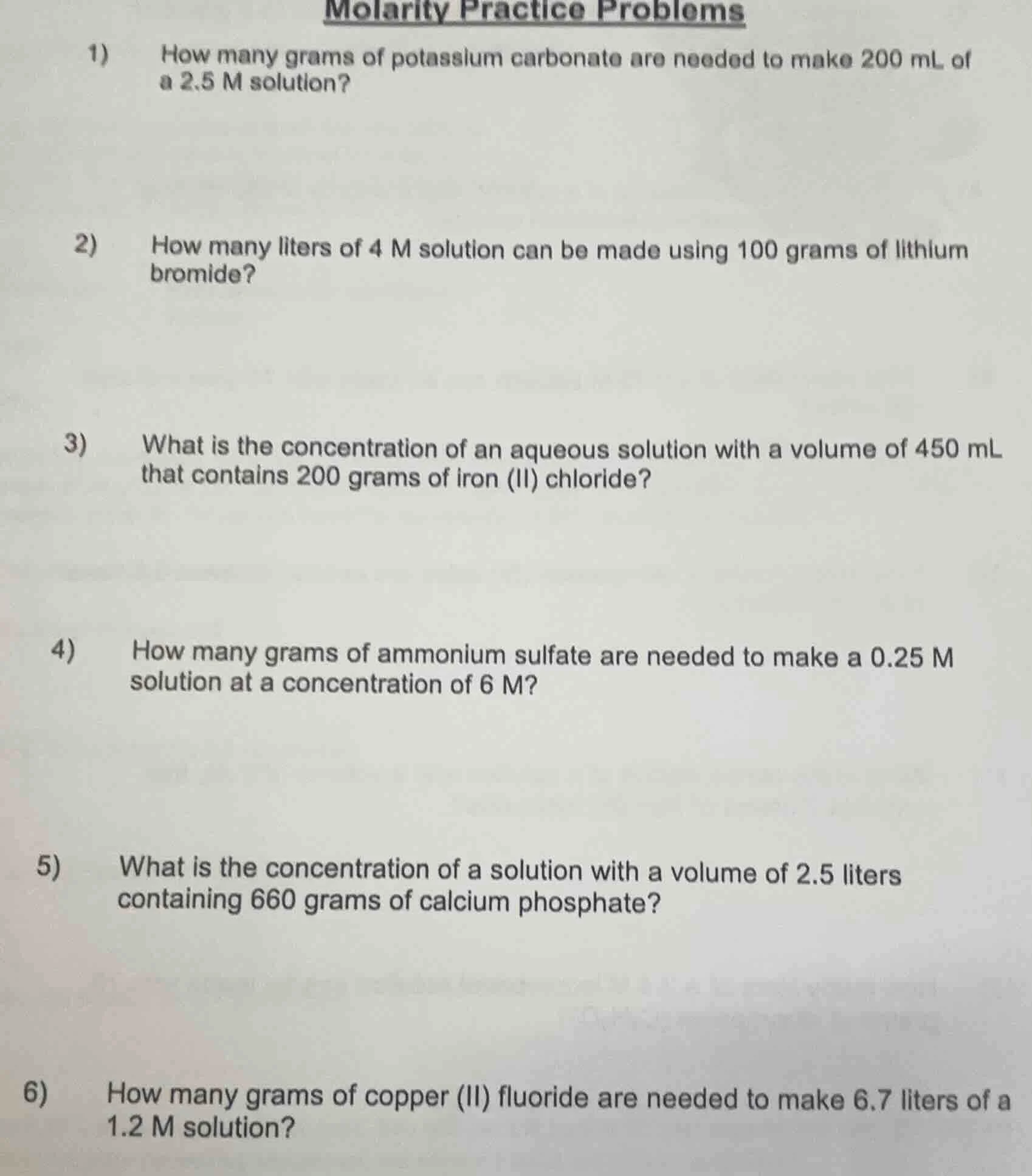 molarity practice problems 1) how many grams of potassium carbonate are…