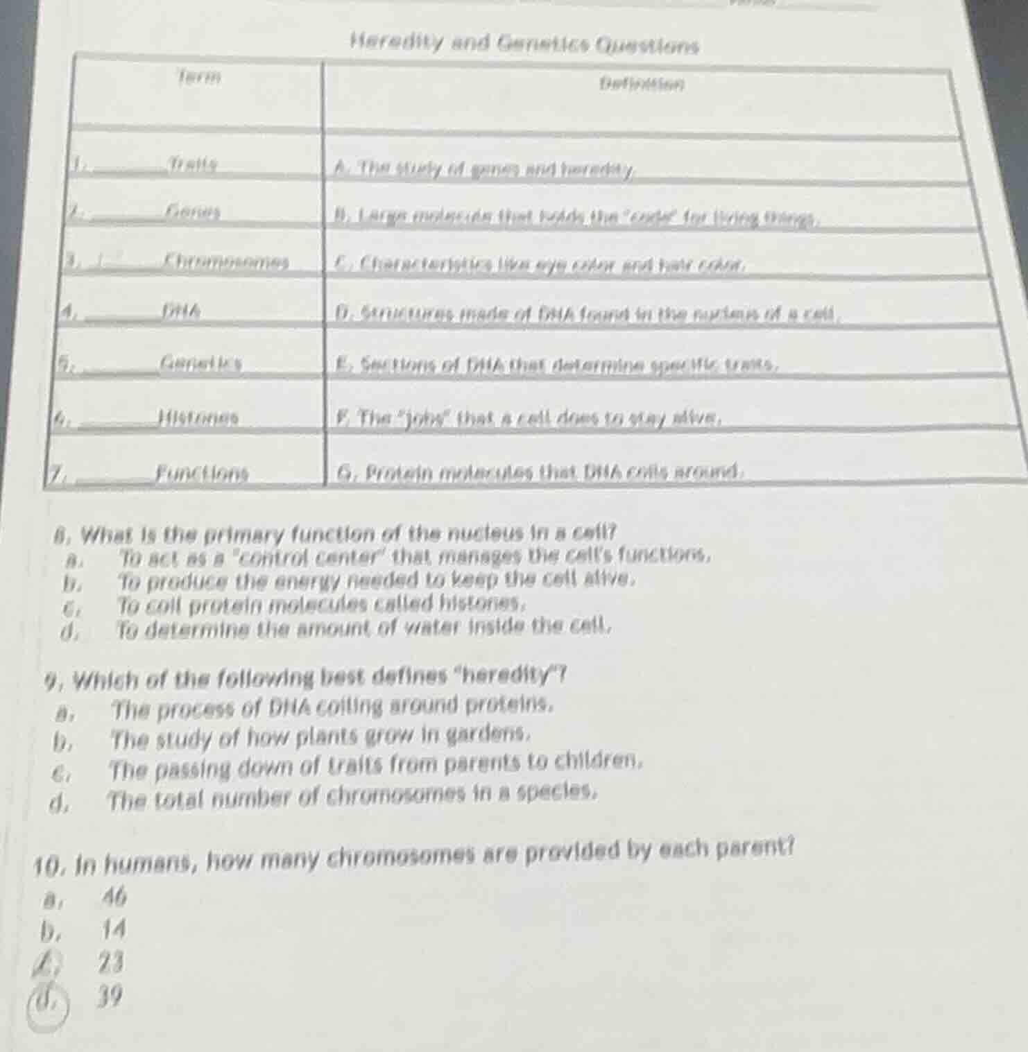 heredity and genetics questions term definition 1. traits a. the study …