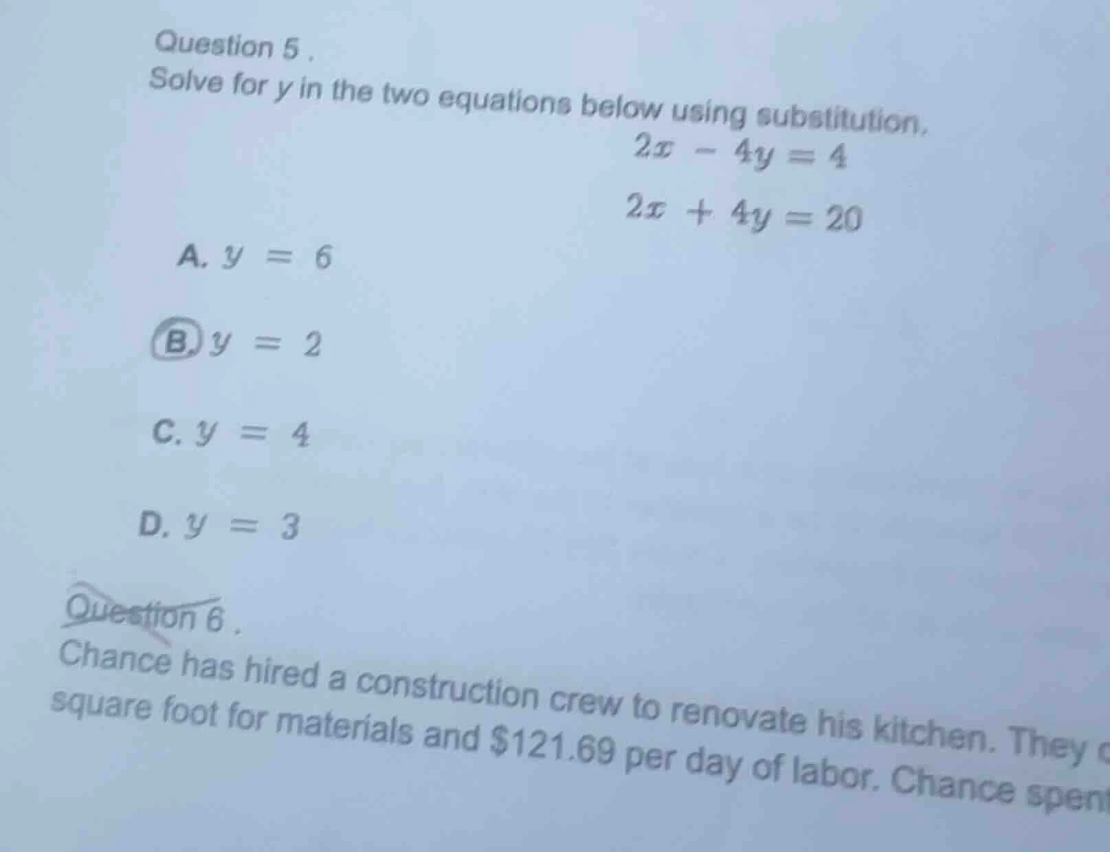 question 5.solve for $y$ in the two equations below using substitution.…