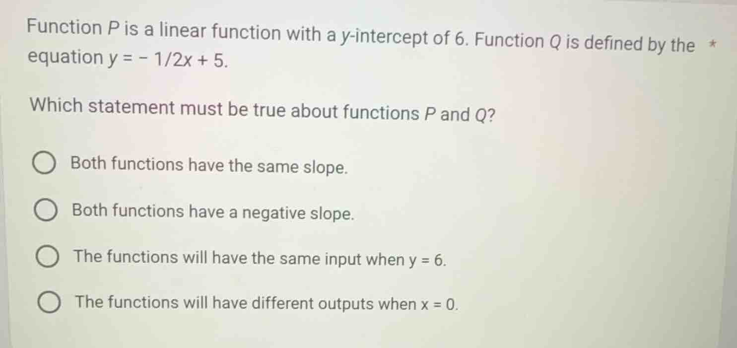function p is a linear function with a y-intercept of 6. function q is …
