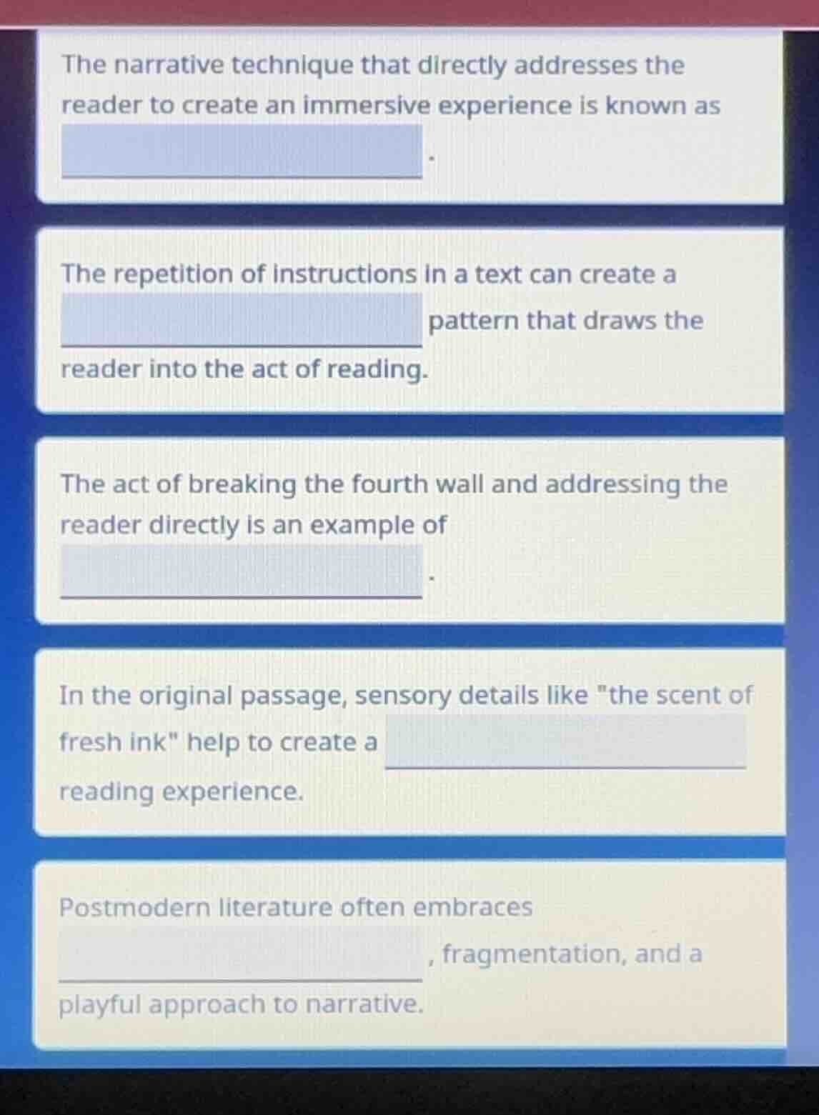 the narrative technique that directly addresses the reader to create an…