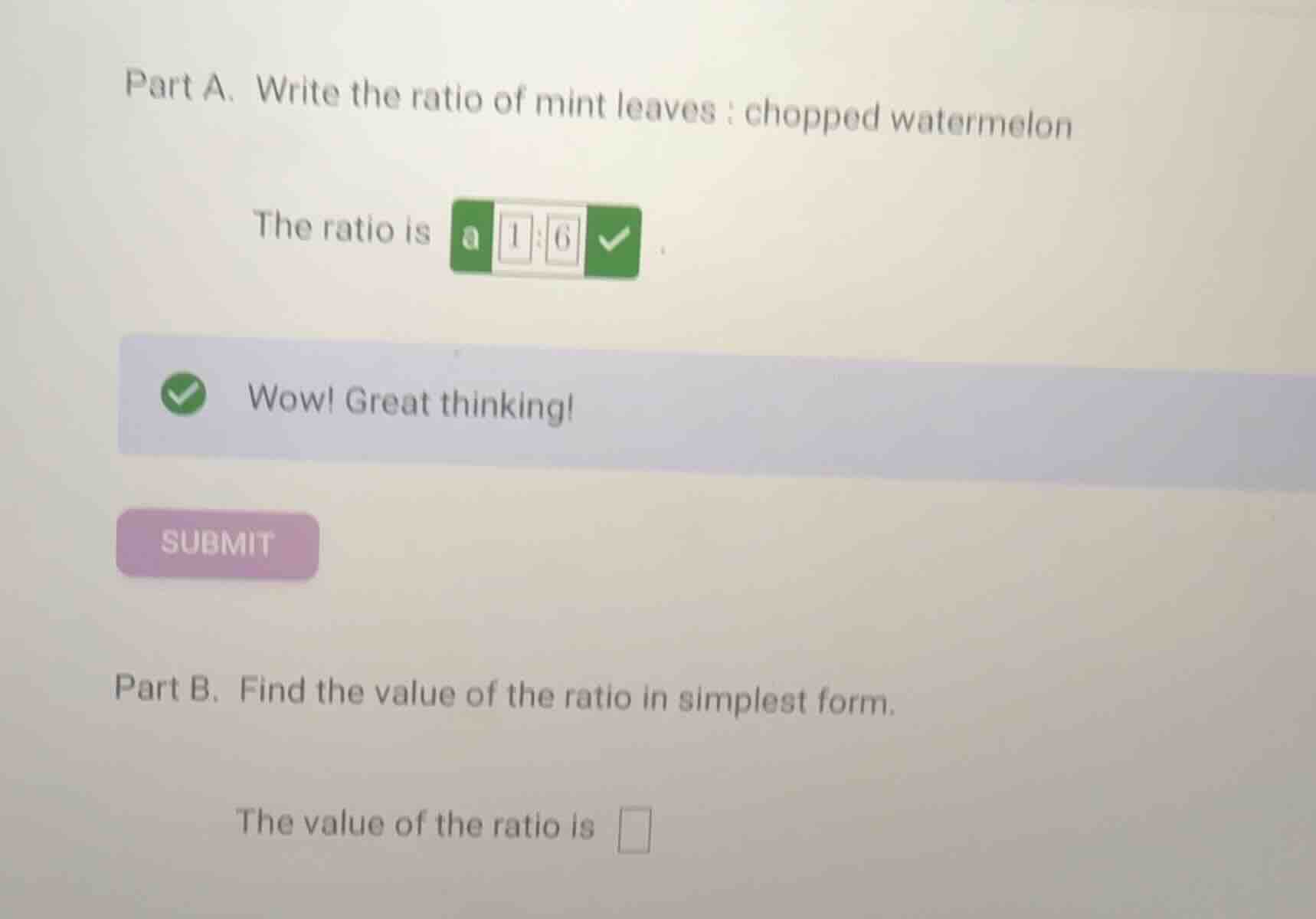 part a. write the ratio of mint leaves : chopped watermelon the ratio i…