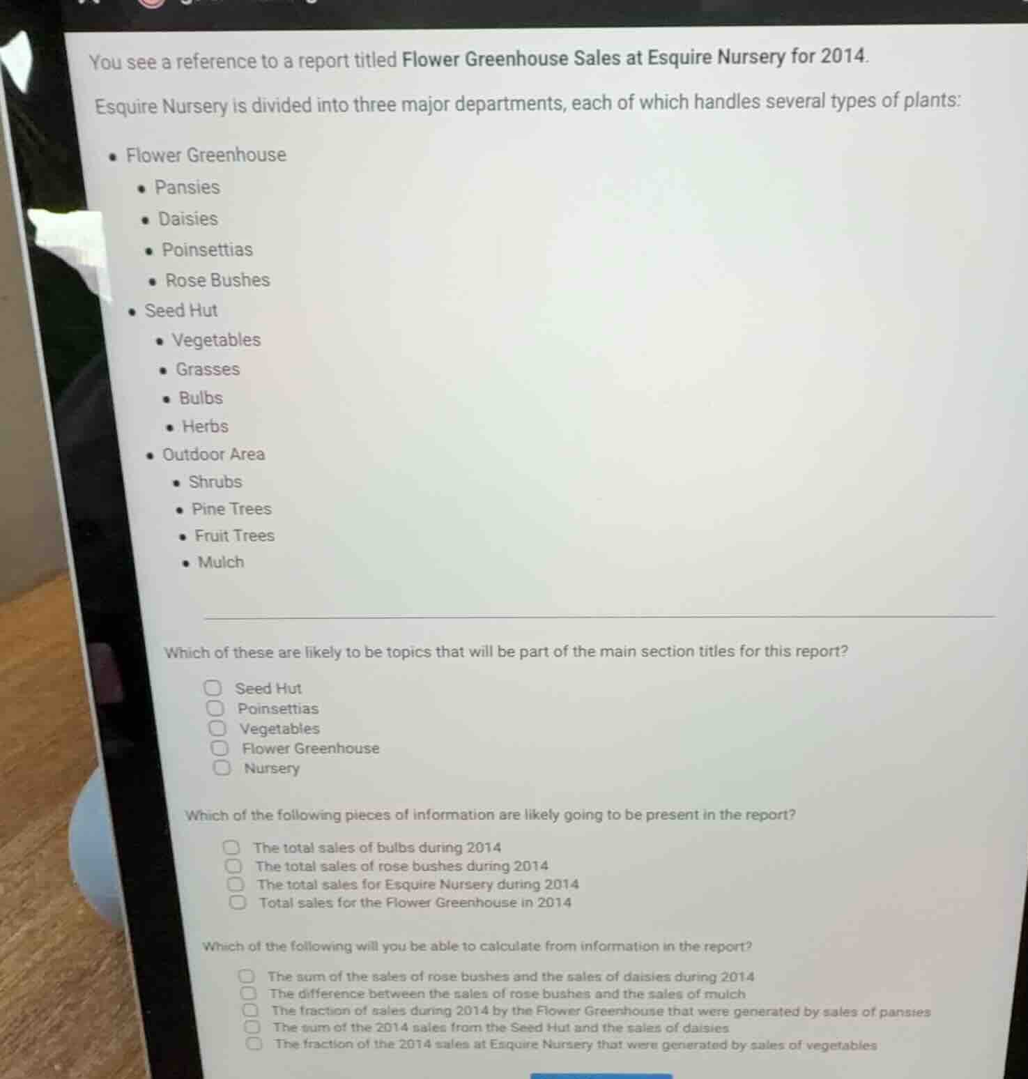 you see a reference to a report titled flower greenhouse sales at esqui…