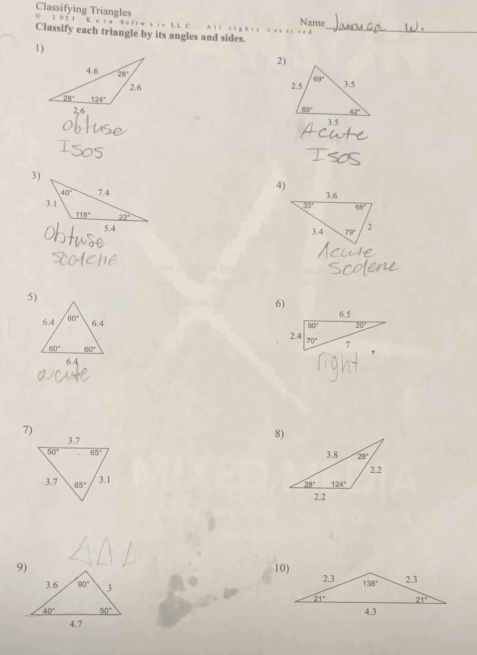 classifying triangles © 2021 kuta software llc. all rights reserved nam…