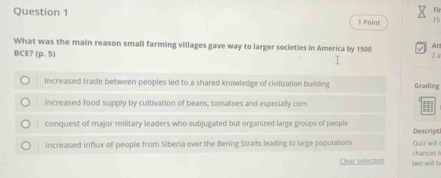 question 1 1 point what was the main reason small farming villages gave…