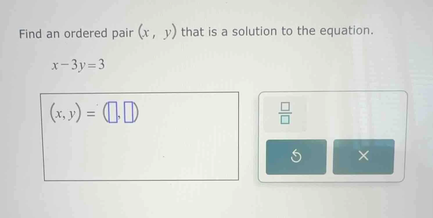 find an ordered pair $(x, y)$ that is a solution to the equation. $x-3y…