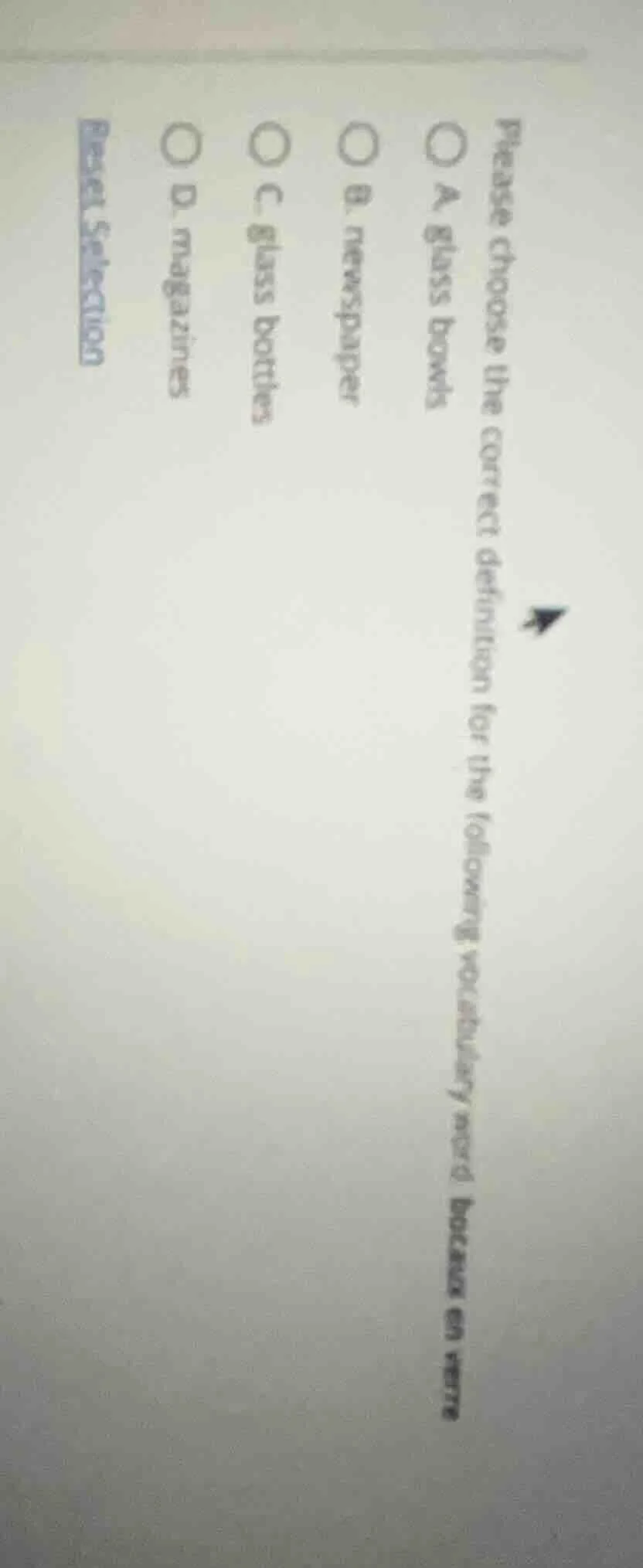 please choose the correct definition for the following vocabulary word.…